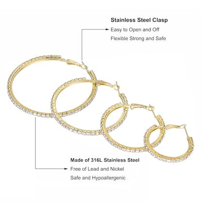 4 Pairs Gold Hoop Earrings for Women | 14K Gold Plated Hypoallergenic Small Large Earrings Set, Lightweight Stainless Steel Hoops - color: Yellow