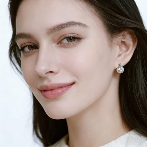 Faux Pearl Cubic Zirconia Stud Earrings, Hypoallergenic Lightweight Round Pearl Studs for Women - color: Pinkish White, size: Pearl 10mm-CZ 3mm