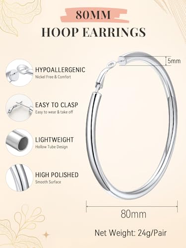 FaithHeart Silver/Black/Gold Stainless Steel Chunky Hoop Earrings for Women | Hypoallergenic Lightweight Hoop Earrings, Trendy Statement Thick Hoop, 20/30/40/50/60/70/80mm - color: Silver, size: 80mm