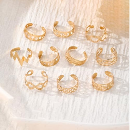 12PCS Toe Rings for Women 14K Gold/Silver Plated Adjustable Toe Ring Set Open Heart Arrow Infinity Rings Beach Foot Jewelry for Summer - color: Gold2