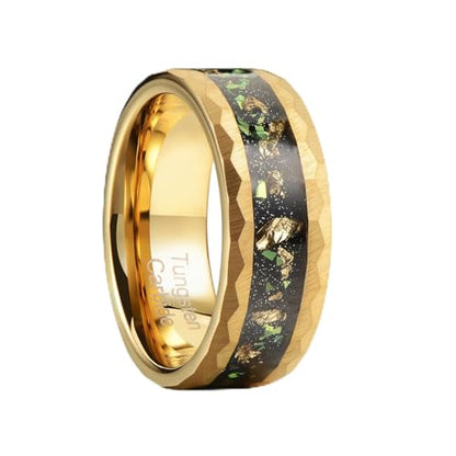 8mm Men's Tungsten Carbide Ring Gold/Black Hammered Meteorite Shavings Gold Foil Inlay Galaxy Nebula Green Opal Engagement Wedding Ring Matte Finish Comfortable Fit - color: 8mm tungsten gold foil