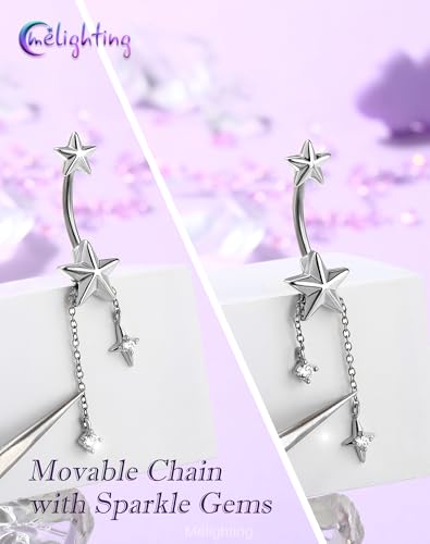 Melighting 14G Gold Belly Button Ring Dangle Chain, 10 mm Stainless Steel Belly Piercing Jewelry with CZ Heart Star Design, Cute Silver Navel Ring for Beach Daily Wear Women - color: Steel Star