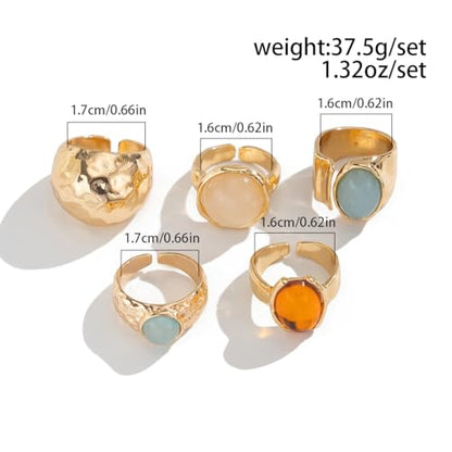 PLOUTOS Chunky Gold stone Ring Set for Women Adjustable Mixed Stone Design with Aqua Blue stone Amber Cabochons Bold Statement Fashion Jewelry Gift - color: Gold set5