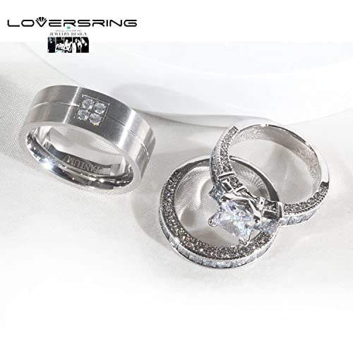 Couple Ring Bridal Set His Hers White Gold Plated CZ Stainless Steel Wedding Ring Band Set - color: White, size: women's size 5 & men's size 13