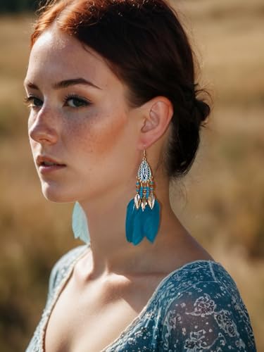 Boho Feather Dangle Earrings – Handcrafted with Turquoise Beads, Silver Accents & Blue Feathers – Gift Set for Women, Mom, Wife in Premium Gift Box