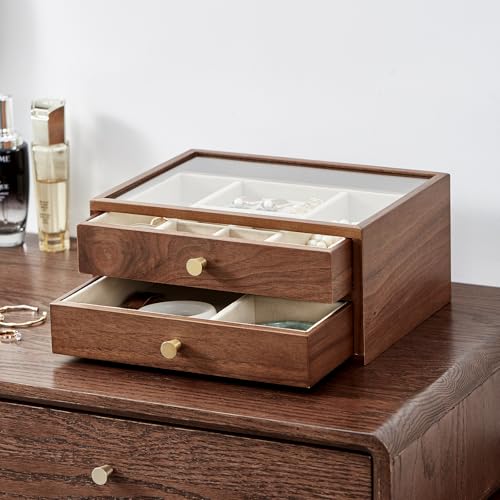 Black Walnut Wooden Jewelry Box for Women, 2 Layer | Large Jewelry Organizer Box, For Necklaces, Watch, Ring, Earring Storage, Ideal Gift - style: 2 Layer B