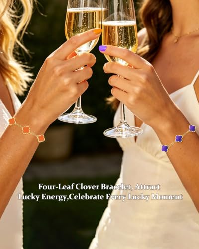 Four Leaf Clover Bracelet for Women 18K Gold Plated Stainless Steel 4 Leaf Link Chain Adjustable Bracelets Lucky Gift for Women/White/Black/Rich Red/Emerald Green/ Navy Blue/Pink Bracelets - color: Purple/Gold