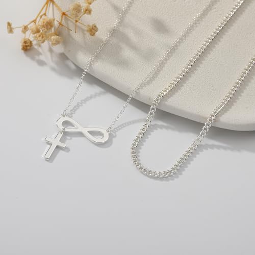 14K Gold Layered Cross Necklaces for Women,Tiny Small Sideways Cross Necklace Minimalist Christian Jewelry Gifts First Communion Confirmation Easter Stuff,2Pcs - color: infinity cross,silver