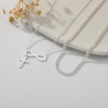 14K Gold Layered Cross Necklaces for Women,Tiny Small Sideways Cross Necklace Minimalist Christian Jewelry Gifts First Communion Confirmation Easter Stuff,2Pcs - color: infinity cross,silver