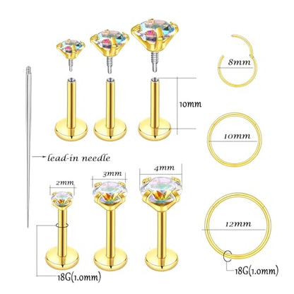 16G 18G Surgical Steel Internal Thread Stud Piercing Jewelry Set Nose Medusa Lip Labret Stud Hypoallergenic Clicker Hoop Septum Rings Cartilage Tragus Helix Conch Earrings for Women Men - color: 18G-10mm-gold