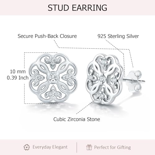 LeCalla 925 Sterling Silver Cubic Zirconia Stud Earrings for Women | Classic CZ Silver Earrings Jewelry | Birthday Anniversary Valentine’s Day Gift for Her, Wife, Mom - color: CZ Flower Filigree