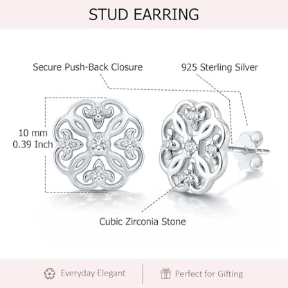 LeCalla 925 Sterling Silver Cubic Zirconia Stud Earrings for Women | Classic CZ Silver Earrings Jewelry | Birthday Anniversary Valentine’s Day Gift for Her, Wife, Mom - color: CZ Flower Filigree