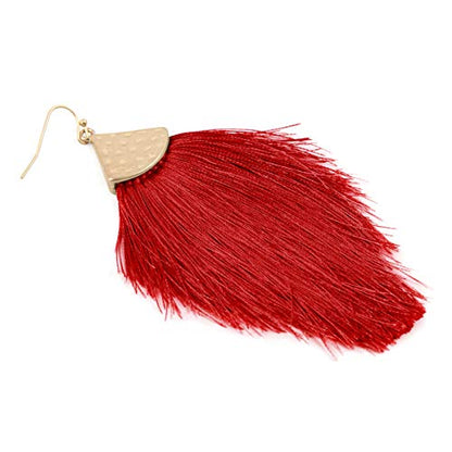 Bohemian Thread Tassel Drop Earrings - Geometric Petal Fan Fringe Feather Statement Chandelier Duster Dangles - color: Classic Tassel Chandelier - Burgundy