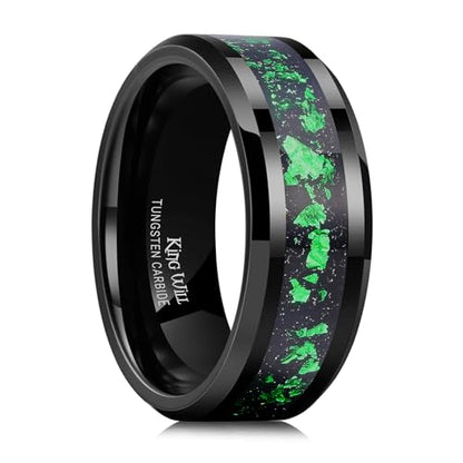 King Will Mens Wedding Band with Foils Inlay, Black/Silver/Gold | Black, 6mm/8mm, Beveled Edge, Comfort Fit, Glowstone Ring, Everyday Wear - color: Black&Green-8mm