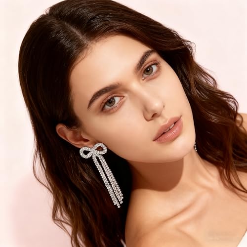 Rhinestone Earrings Dangling for Women Sparkly Silver Dangle Earrings Girls Long Chandelier Earrings Tassel Lightweight Ear Studs Cubic Zirconia (KE001S-W) - color: Bow 516286S Silver Clear