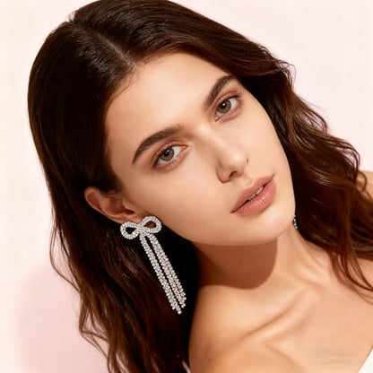 Rhinestone Earrings Dangling for Women Sparkly Silver Dangle Earrings Girls Long Chandelier Earrings Tassel Lightweight Ear Studs Cubic Zirconia (KE001S-W) - color: Bow 516286S Silver Clear