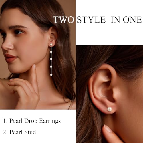 Pearl Earrings for Women 14k Gold/Silver Pearl Drop Earrings Long White Pearl Tassel Dangle Statement Earrings Bridal Wedding Dainty Prom Earrings Birthday Gifts Jewelry - color: 6MM Silver Pearl Drop Earrings