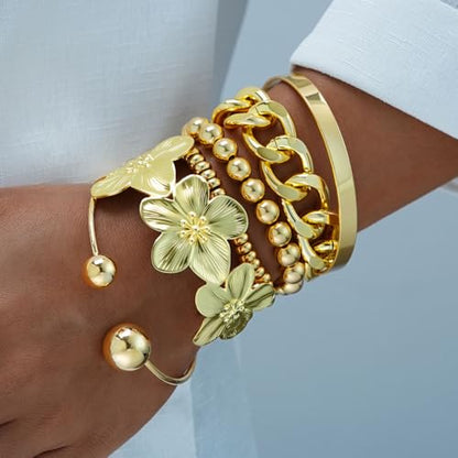 Golden Stackable Bracelets Set for Women Trendy Multi Layer Adjustable Chunk Flower Cuff Bracelet Geometric Irregular Wave Statement Bangle Glamour Stacking Cuff Jewelry - color: Gold-D