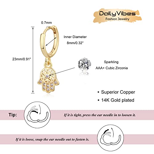 DAILY VIBES Cute Gold Mini Dangle Huggie Hoop Earrings for Women Trendy | 14K Gold Plated, Dainty Cubic Zirconia, Small Hoop Earrings with Charm Drop, Jewelry Gift for Women Ladies - color: Hamsa CZ