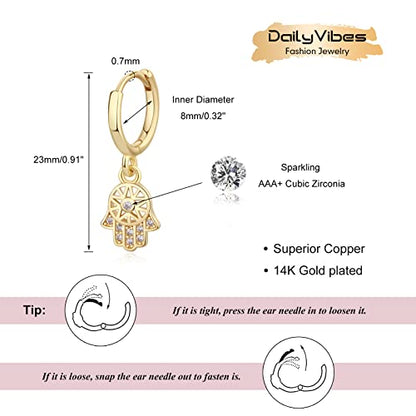 DAILY VIBES Cute Gold Mini Dangle Huggie Hoop Earrings for Women Trendy | 14K Gold Plated, Dainty Cubic Zirconia, Small Hoop Earrings with Charm Drop, Jewelry Gift for Women Ladies - color: Hamsa CZ