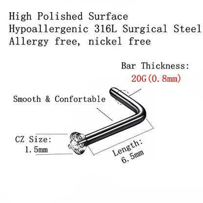 316L Surgical Steel 22g/20g/18g Nose Rings Studs L-Shape Nose Nostrial Piercing Body Jewerly L Shaped Nose Studs 1.5mm 2mm 2.5mm 3mm CZ Nose Screw Studs Rings for Women - style: 6pcs/L-shape/20g/1.5mm Clear CZ/Black