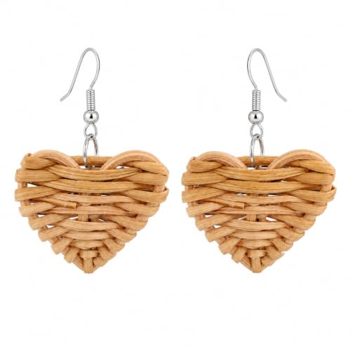 Handmade Rattan Teardrop Dangle Earrings for Women, Lightweight Boho Woven Statement Earrings with Gold Fish Hook, Natural Straw Weave Vacation Jewelry for Summer Beach - style: Heart