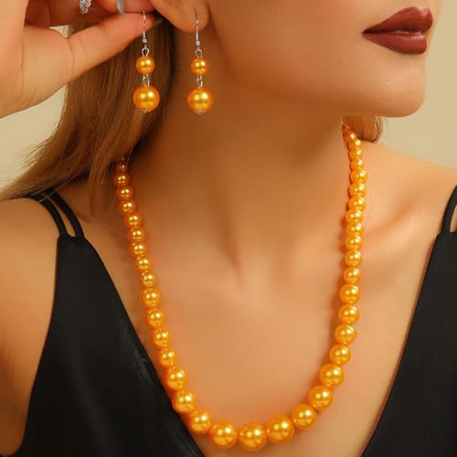 xuzhiyuan Fashion Classic Faux Pearl Red Carnelian Jewelry Set Necklace Earrings for Women - color: Yellow