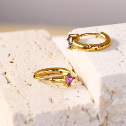 316L Surgical Steel Birthstone Hoop Earrings for Women | Lightweight, 5A Cubic Zirconia, Hypoallergenic, Lead & Nickel Free, 8mm Huggie Hoops - color: 18k gold-plated: 02. February (Amethyst)