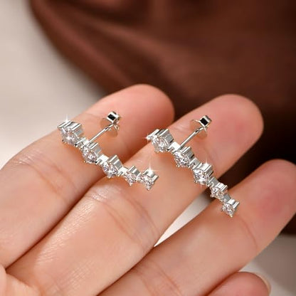Moissanite Crawler Stud Earrings for Women, 14K Gold Plated Imitation Diamond 2.4 Carats Earrings Jewelry Valentine Anniversary Day Birthday Gifts for Her - color: Silver