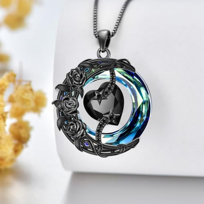 TOUPOP Birthstone Necklace Women Sterling Silver Moon Star Birthday Jewelry | Celtic Moon Pendant with Blue Crystal Anniversary Christmas Jewelry Gifts for Wife Mom Her - color: C-Black Crystal-Black Rose