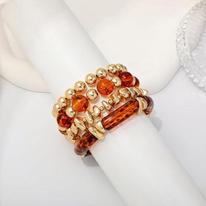 GOOJIDS Simple Beaded Gold Plated Bangles Bracelet Chunky Bamboo Tube Curved Stacking Clear Acrylic Colorful Beads Stretchable Gold Plated Bracelets Set For Women - color: T New Brown Beads Set