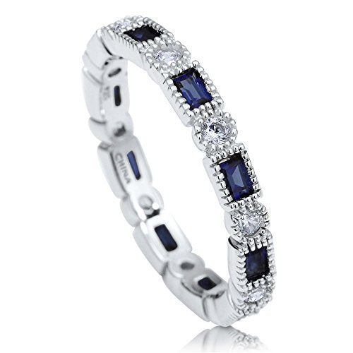 BERRICLE Sterling Silver Art Deco Rings Stackable Eternity Band Ring for Women, Sapphire-Blue Milgrain Bezel Set Cubic Zirconia CZ