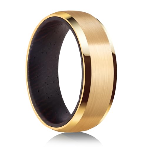 Tungsten Rings for Men Womens 8mm Black Silver Fashion Promise Wedding Band Carbide Inner Hole Inlaid Whiskey Barrel Wood Chamfer Frosted Matte Finish Edge Comfort Fit size 7-12 - color: Gold