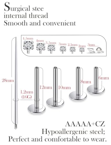 16G Medusa Piercing Jewelry Surgical Steel Labret Jewelry Monroe Lip Rings Different Size Tragus Nail Conch Cartilage Helix Earring Stud Bar Length 6mm 8mm 10mm 12mm - color: 16G Studs Piercing Jewelry Plus