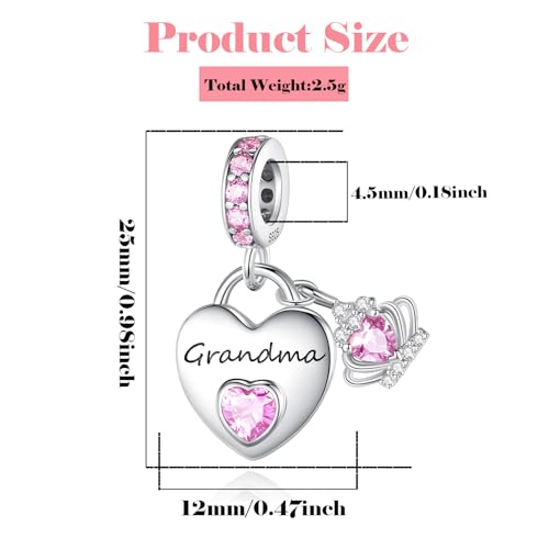 Family Charms for Charms Bracelet: 925 Sterling Silver Heart Dangle Charms for Bracelets and Necklaces, Birthday Mother's Day Christmas Jewelry Gifts For Women. - color: Grandma