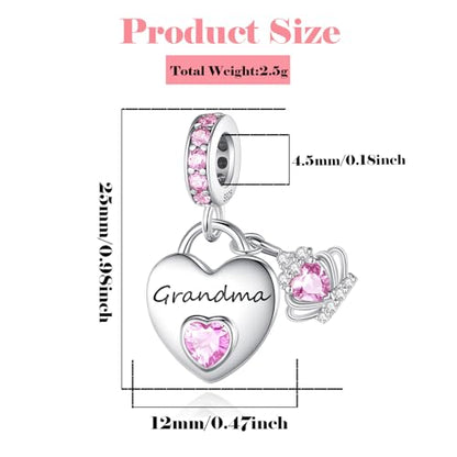 Family Charms for Charms Bracelet: 925 Sterling Silver Heart Dangle Charms for Bracelets and Necklaces, Birthday Mother's Day Christmas Jewelry Gifts For Women. - color: Grandma