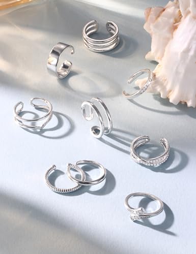 JeryWe 9 Pcs Adjustable Toe Rings for Women Open Cuff Silver Toe Ring Summer Beach Toe Ring Set+10mm Floating Belly Button Ring Dangle Hypoallergenic Surgical Stainless Steel belly rings for Women