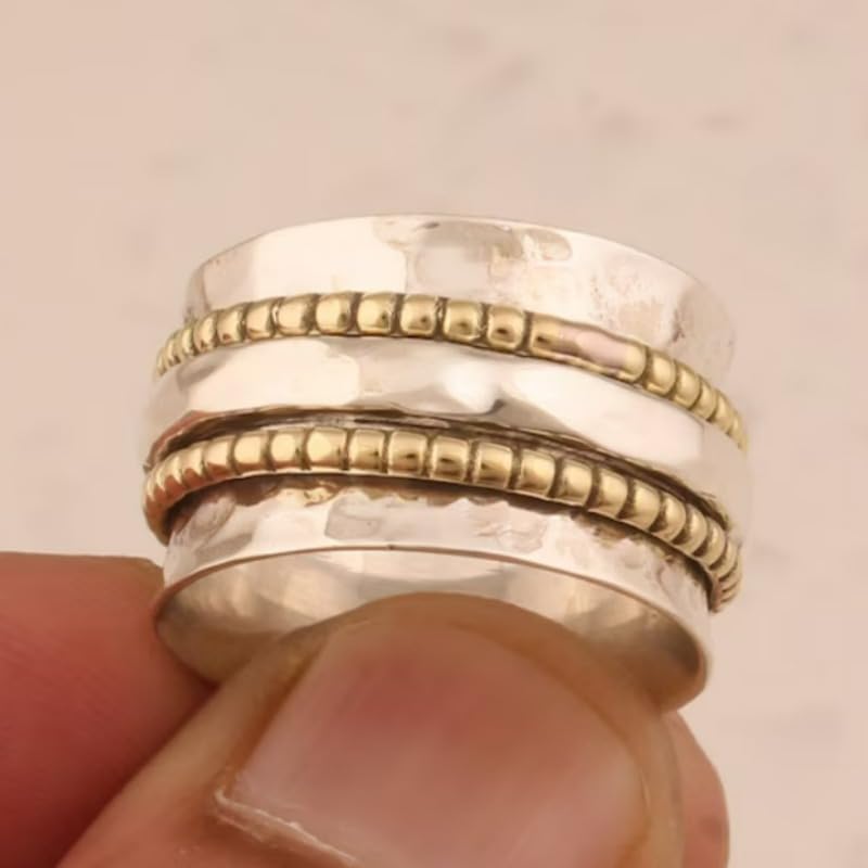 Hammered Sterling Silver Swivel Ring: Two-tone Brass Anti-stress Band - color: Silvery