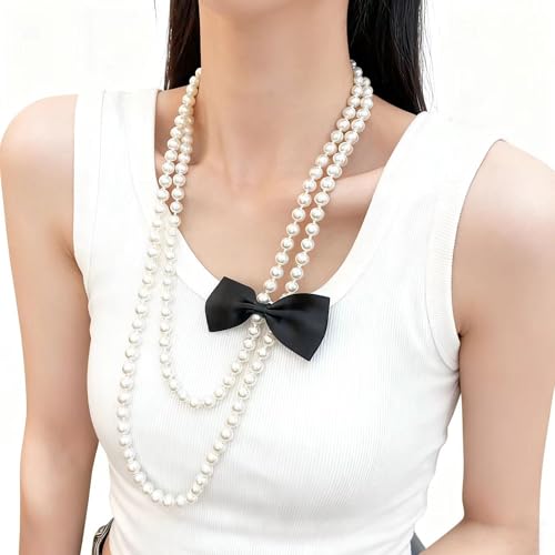 Long Pearl Necklace for Women 59" Faux White Pearls Necklaces Black Bow Pearl Beads Necklace 1920s Statement Bride Wedding Jewelry Gifts - color: Black Bow Pearl Necklace