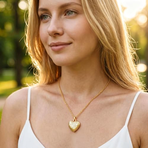 YOUFENG Love Heart Locket 14K Gold-Filled Oval Circle Rectangle Lockets that Hold Pictures Floral Patterns Necklace for Women - style: Gold Heart