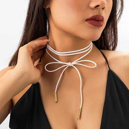 Bethynas Gothic Bow-knot Velvet Choker Necklace Sexy Long Wrap Rope Collar Tie Neck Chain with Silver Gold Pendant Boho Party Neck Accessories for Women - color: White