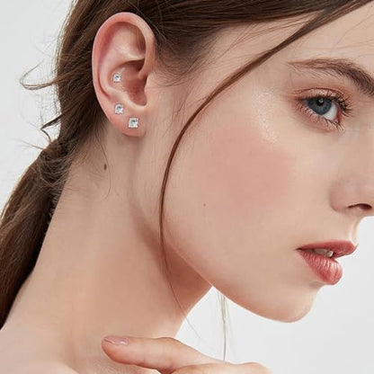 18G Princess Cut Clear Cubic Zirconia Cartilage Small Stud Earrings for Men Women Square Barbell Tragus Helix Screw Sleeper Surgical Steel Flat Back Piercing Studs Hypoallergenic 3 Pairs 3-5mm - color: Gold