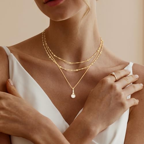 MFRYK Gold Necklaces for Women,14K Gold/Silver Plated Choker Layered Necklace Dainty Pearl Disc Cross Circle Heart Pendant Chain Stackable Necklaces, Multilayer Jewelry Set Gifts for Women - style: 3Layered Pearl-GD