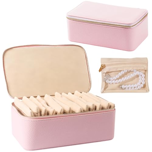 Travel Jewelry Case with 12 Velvet Zipped Pouches Bags, Hot Pink | Lychee grain textured, pu leather surface & soft velvet lining, for jewelries necklaces rings earrings sorting storage - color: Hot Pink - 12 Pouch