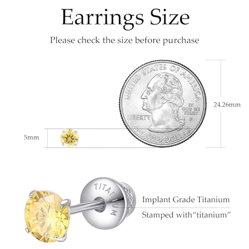 Limerencia Birthstone Screw Back Earrings G23 Implant Grade Titanium Stud Earrings Hypoallergenic Cubic Zirconia Posts Studs Jewelry Gifts for Girls Sensitive Ears - color: November