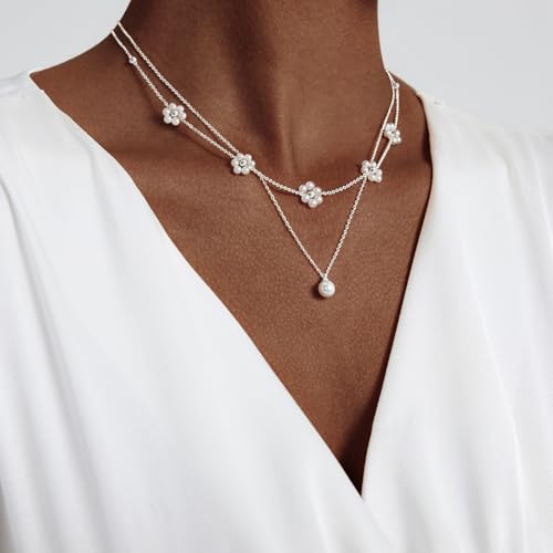 OGD Gold Pearl Necklace Set for Women 14K Plated Layered Daisy Choker Gift - color: 2PCS-Daisy Pearl-Silver