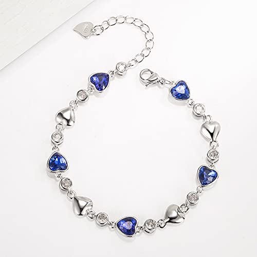 kelistom 925 Sterling Silver Bracelets for Women Teens, Love Heart Charm Chain Bracelet Bangle Fashion Jewelry Gifts - color: heart-2 blue zircon