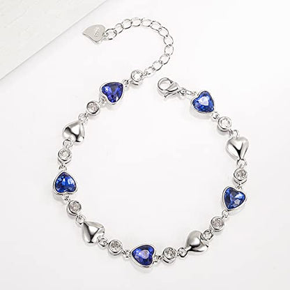 kelistom 925 Sterling Silver Bracelets for Women Teens, Love Heart Charm Chain Bracelet Bangle Fashion Jewelry Gifts - color: heart-2 blue zircon