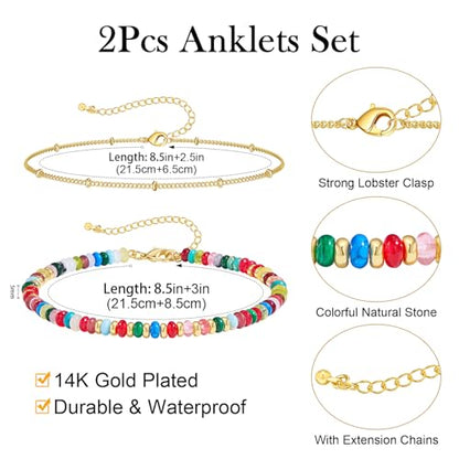 Ankle Bracelet for Women Natural Stone Colorful Beaded Boho Layered Anklet 14K Gold Plated Adjustable Beads Chain 2Pcs Anklets Set Handmade Summer Beach Jewelry - color: Colorful Beaded