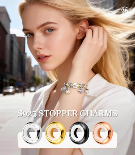 GW Stopper Charms 925 Sterling Silver Round Rondelle Spacer Beads with Exquisite Velvet Bag for Charm Bracelets for Women - color: Silver-10PCS